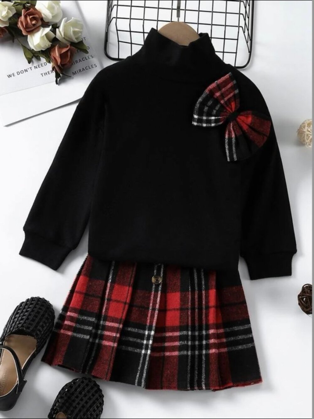 Toddler Girls Bow Front Mock Neck Pullover & Plaid Pleated Skirt 4/5